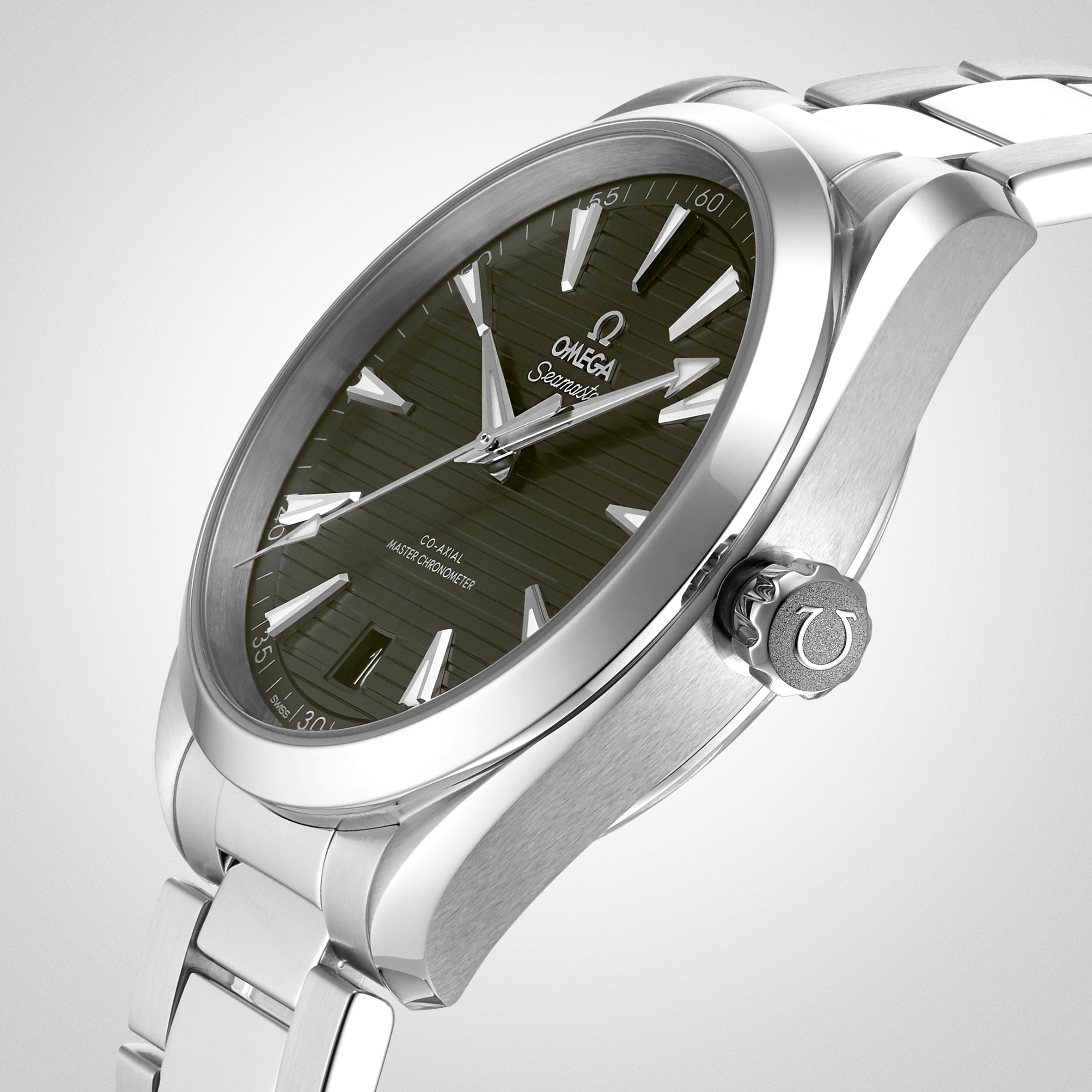 A close-up of an OMEGA Seamaster Aqua Terra 150M featuring a green dial, silver hour markers, and stainless steel bracelet, highlighting its Master Chronometer 8900 calibre movement.