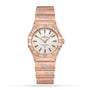 The OMEGA Constellation features an 18K Sedna™ gold case, mother-of-pearl dial with diamond hour markers, and snow-paved diamonds in star and comet patterns on the bezel and bracelet.