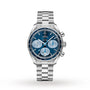 An OMEGA Speedmaster 38 Orbis Edition chronograph with a stainless steel case, blue dial, three subdials, tachymeter bezel, and metal bracelet is displayed on a white background. This special edition supports Orbis International.