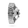 Stainless steel OMEGA Speedmaster 38 wristwatch with a link bracelet, engraved case back, and visible chronograph pushers, shown from the rear angle.