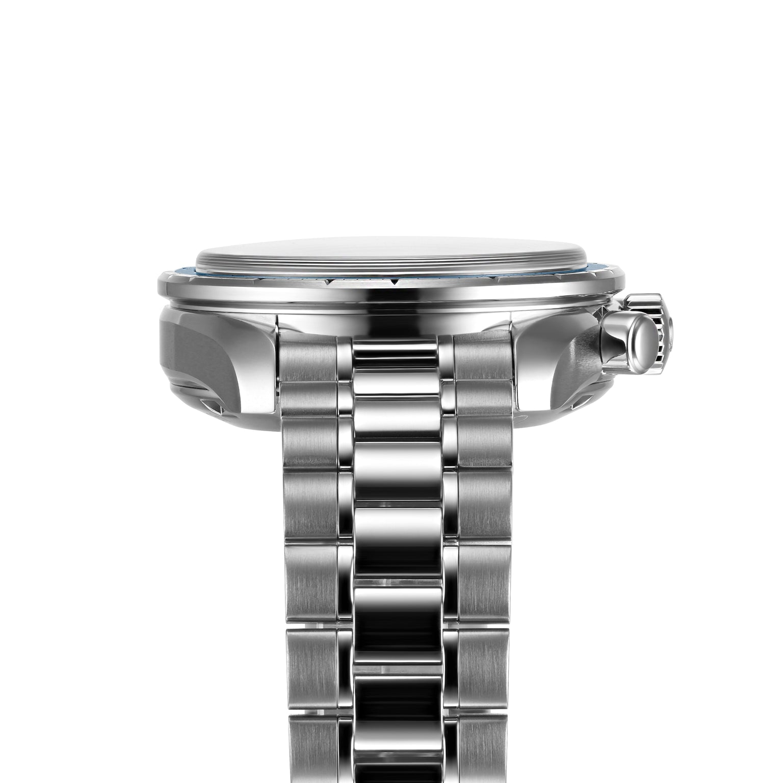 Side view of the OMEGA Speedmaster 38 stainless steel wristwatch, highlighting its chronograph case and crown with a metal link bracelet, set against a white background.