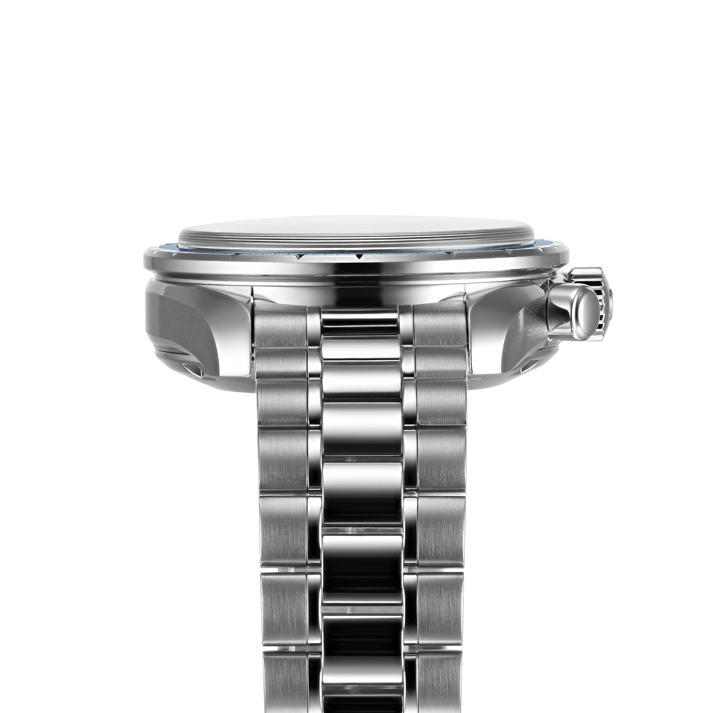 Side view of the OMEGA Speedmaster 38 stainless steel wristwatch, highlighting its chronograph case and crown with a metal link bracelet, set against a white background.