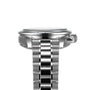Side view of the OMEGA Speedmaster 38 stainless steel wristwatch, highlighting its chronograph case and crown with a metal link bracelet, set against a white background.