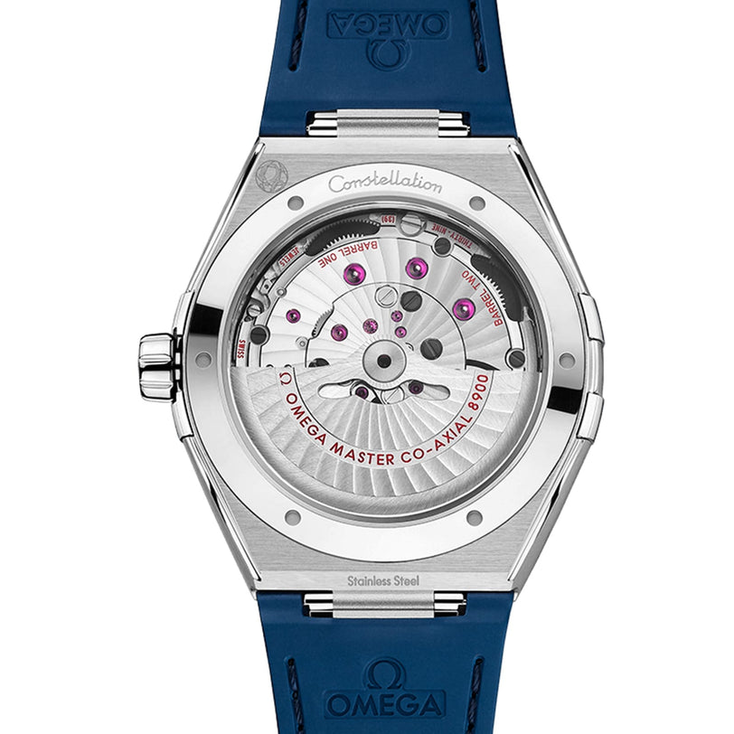 Back view of the OMEGA Constellation featuring a blue strap, stainless steel case, blue ceramic bezel, and an exposed Master Co-Axial 8900 calibre movement.