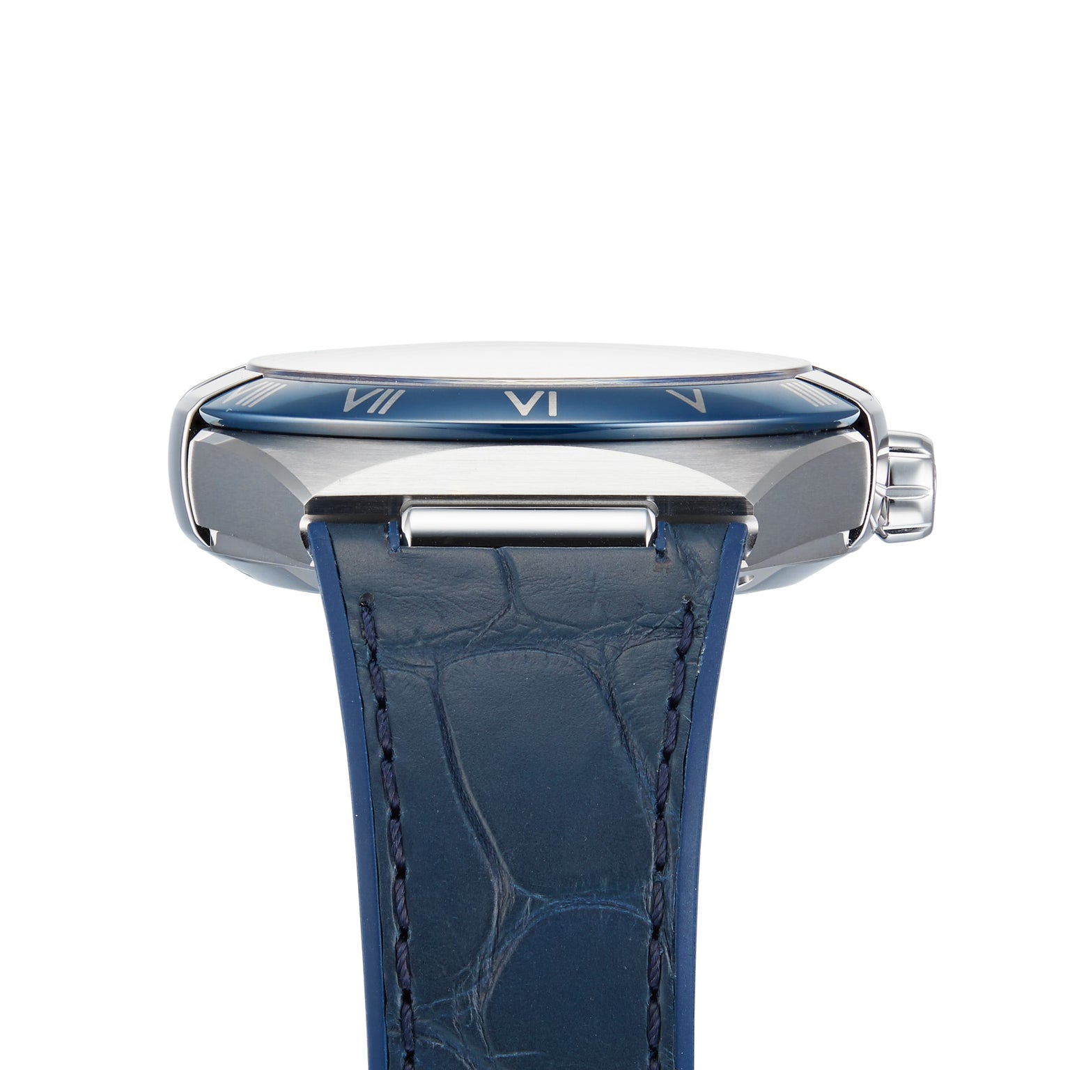 Side view of the OMEGA Constellation wristwatch featuring a blue leather strap, silver case, and blue ceramic bezel with Roman numerals that reflect the iconic heritage of the Constellation collection.