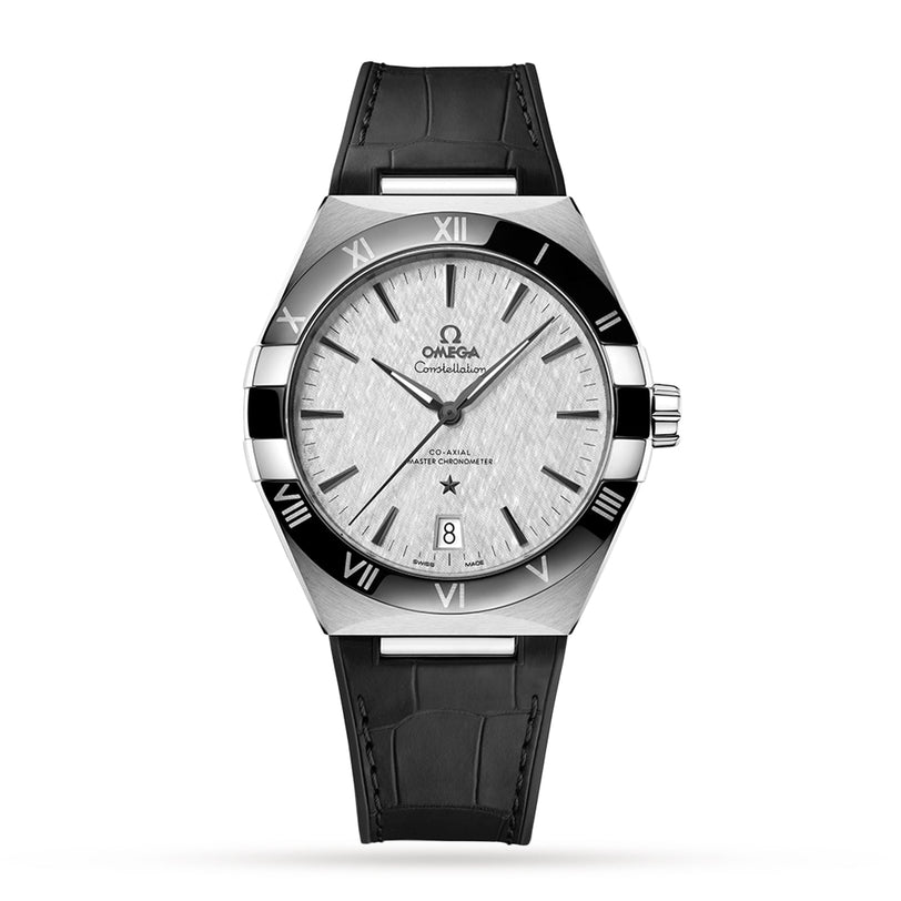 The OMEGA Constellation features a silver textured dial, Roman numeral bezel, black leather strap, date display at 6 o’clock, and is powered by the precise 8900 Calibre Movement.