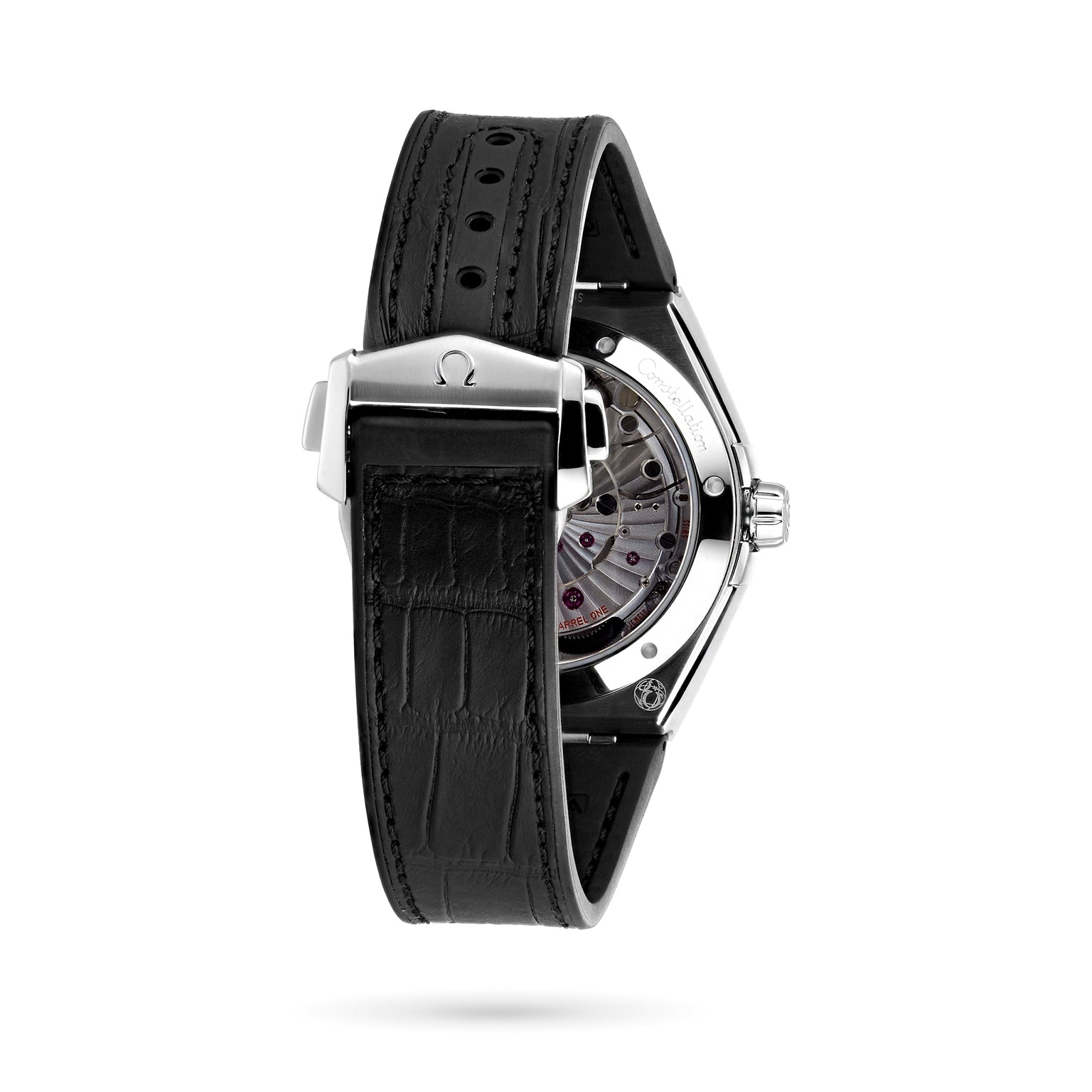 Back view of the OMEGA Constellation, featuring a black leather strap, Master Chronometer-certified 8900 Calibre movement, and a stainless steel clasp engraved with the OMEGA logo.
