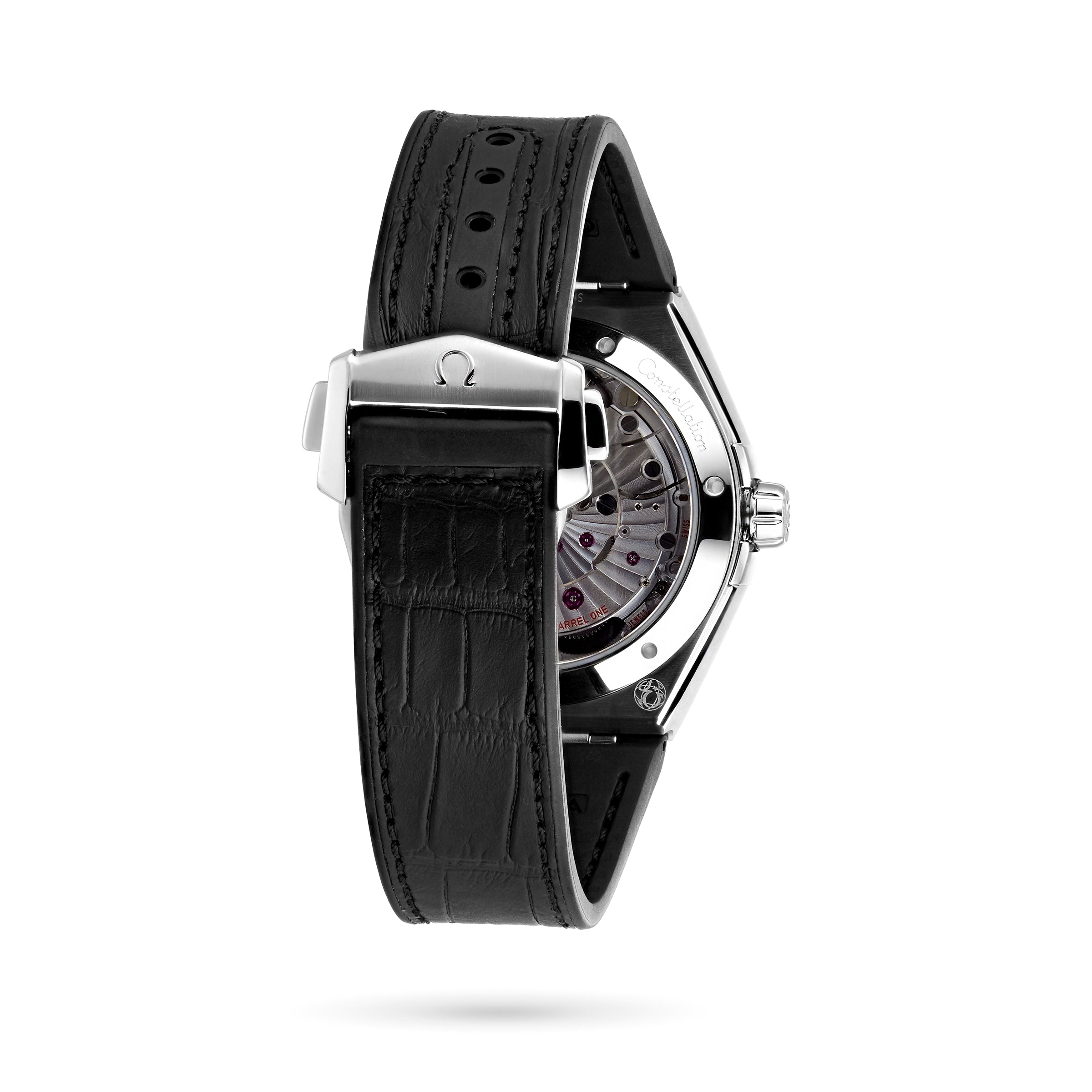 Back view of the OMEGA Constellation, featuring a black leather strap, Master Chronometer-certified 8900 Calibre movement, and a stainless steel clasp engraved with the OMEGA logo.