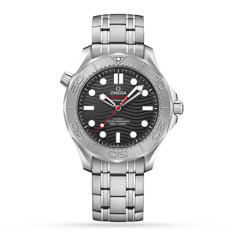 The OMEGA Seamaster Diver 300M Nekton Edition features a stainless steel case, black laser-ablated ceramic wavy dial, silver bezel, metal link bracelet, and displays the time 10:09:36.