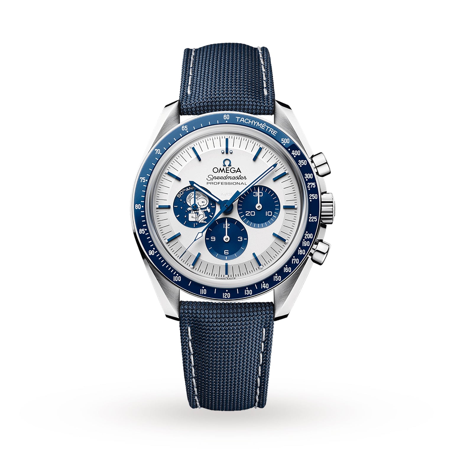 A blue and silver OMEGA Speedmaster Snoopy Award Anniversary Series wristwatch with fabric strap, white dial, tachymeter bezel, three sub-dials, 3861 calibre movement, celebrating Speedmaster heritage against a white background.
