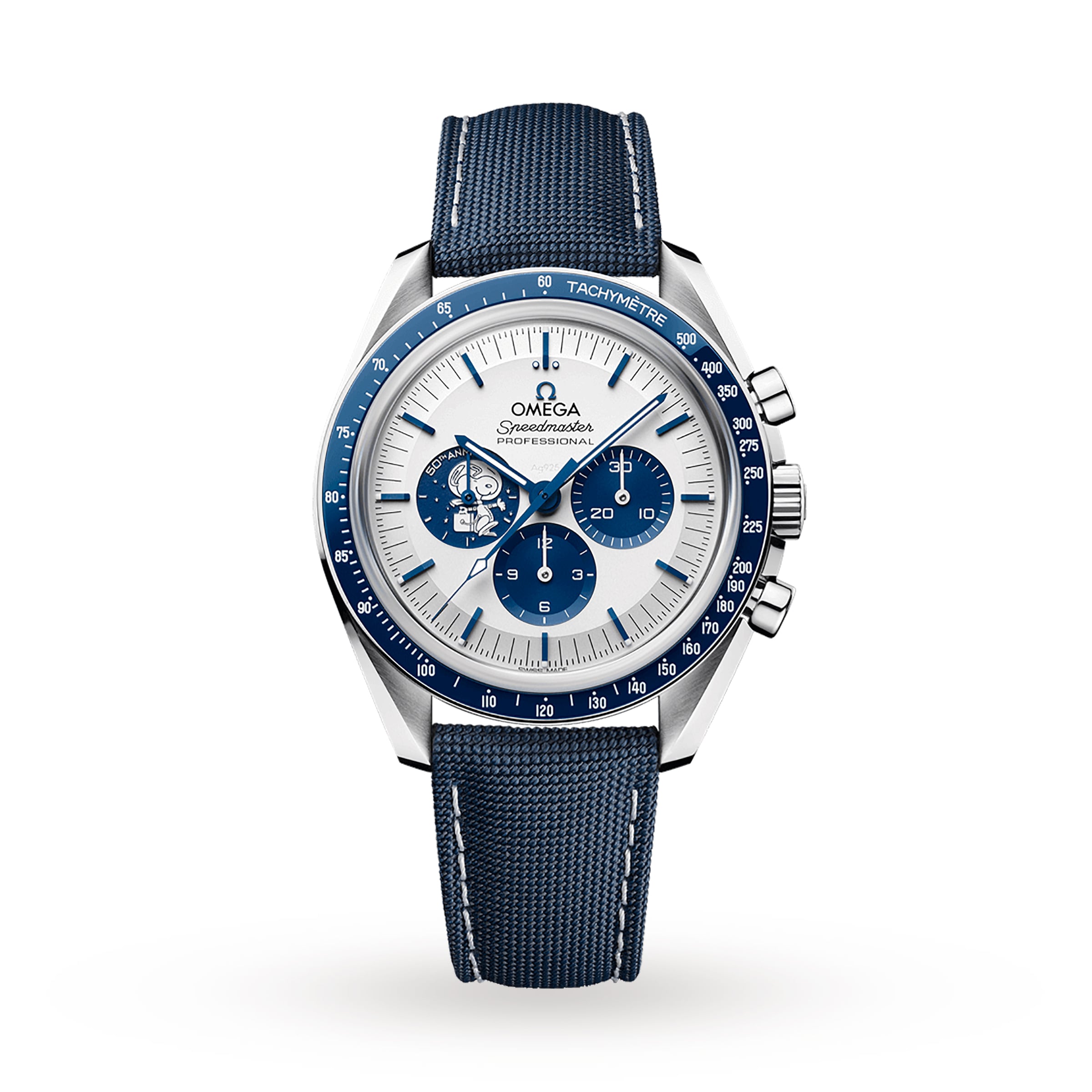 A blue and silver OMEGA Speedmaster Snoopy Award Anniversary Series wristwatch with fabric strap, white dial, tachymeter bezel, three sub-dials, 3861 calibre movement, celebrating Speedmaster heritage against a white background.