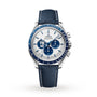 A blue and silver OMEGA Speedmaster Snoopy Award Anniversary Series wristwatch with fabric strap, white dial, tachymeter bezel, three sub-dials, 3861 calibre movement, celebrating Speedmaster heritage against a white background.