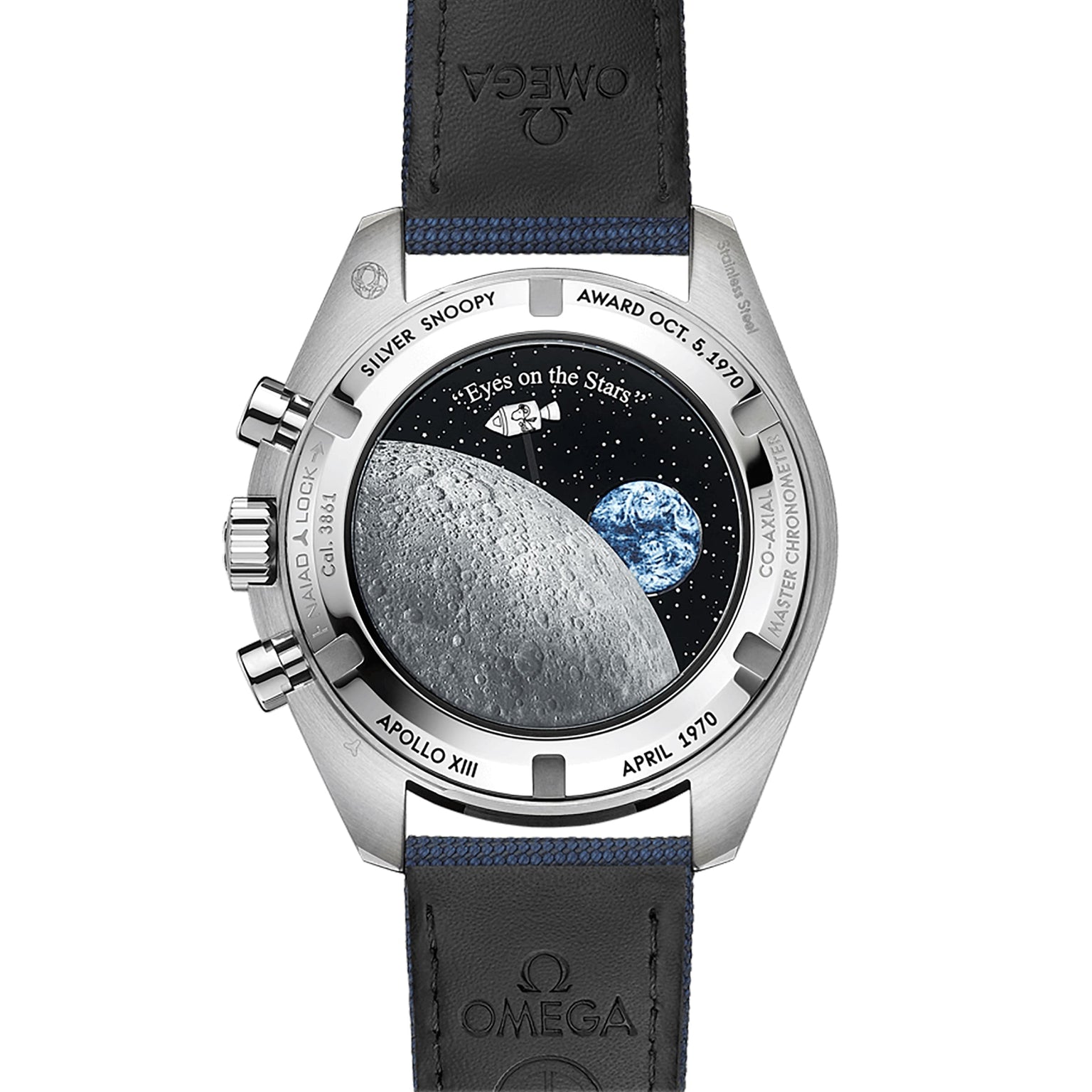 The OMEGA Speedmaster Snoopy Award Anniversary Series showcases its heritage with an engraved caseback featuring Apollo XIII tributes, the Silver Snoopy Award, the moon, Earth, and detailed mission engravings.