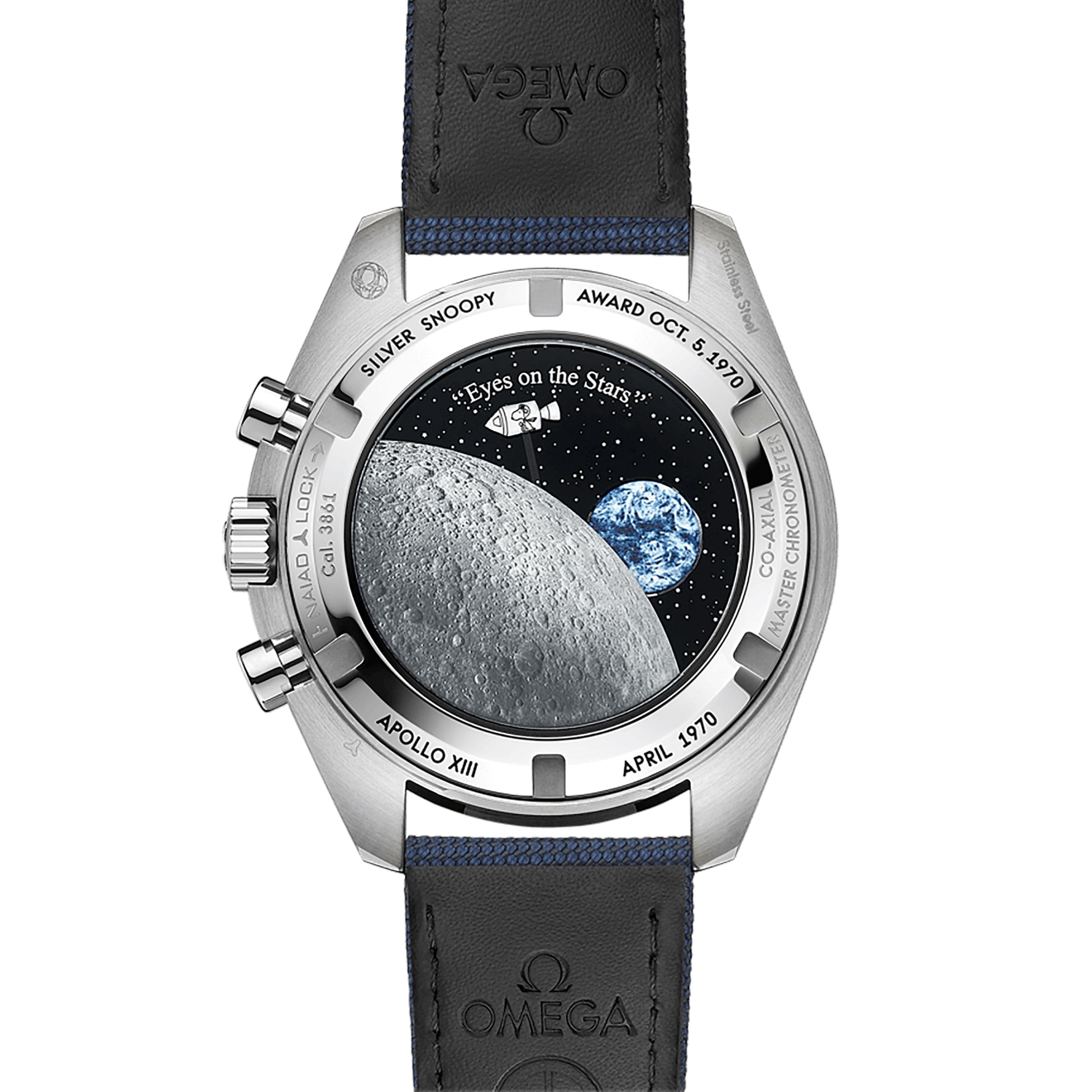 The OMEGA Speedmaster Snoopy Award Anniversary Series showcases its heritage with an engraved caseback featuring Apollo XIII tributes, the Silver Snoopy Award, the moon, Earth, and detailed mission engravings.