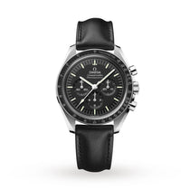 The OMEGA Speedmaster Moonwatch Professional is a black chronograph with a leather strap, black dial, white markers, three subdials, and the advanced 3861 calibre movement, shown on a white background.