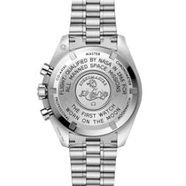 Back view of the OMEGA Speedmaster Moonwatch Professional, featuring engraved text on its NASA qualification and historic moon mission legacy—an iconic Co-Axial Master Chronometer timepiece.