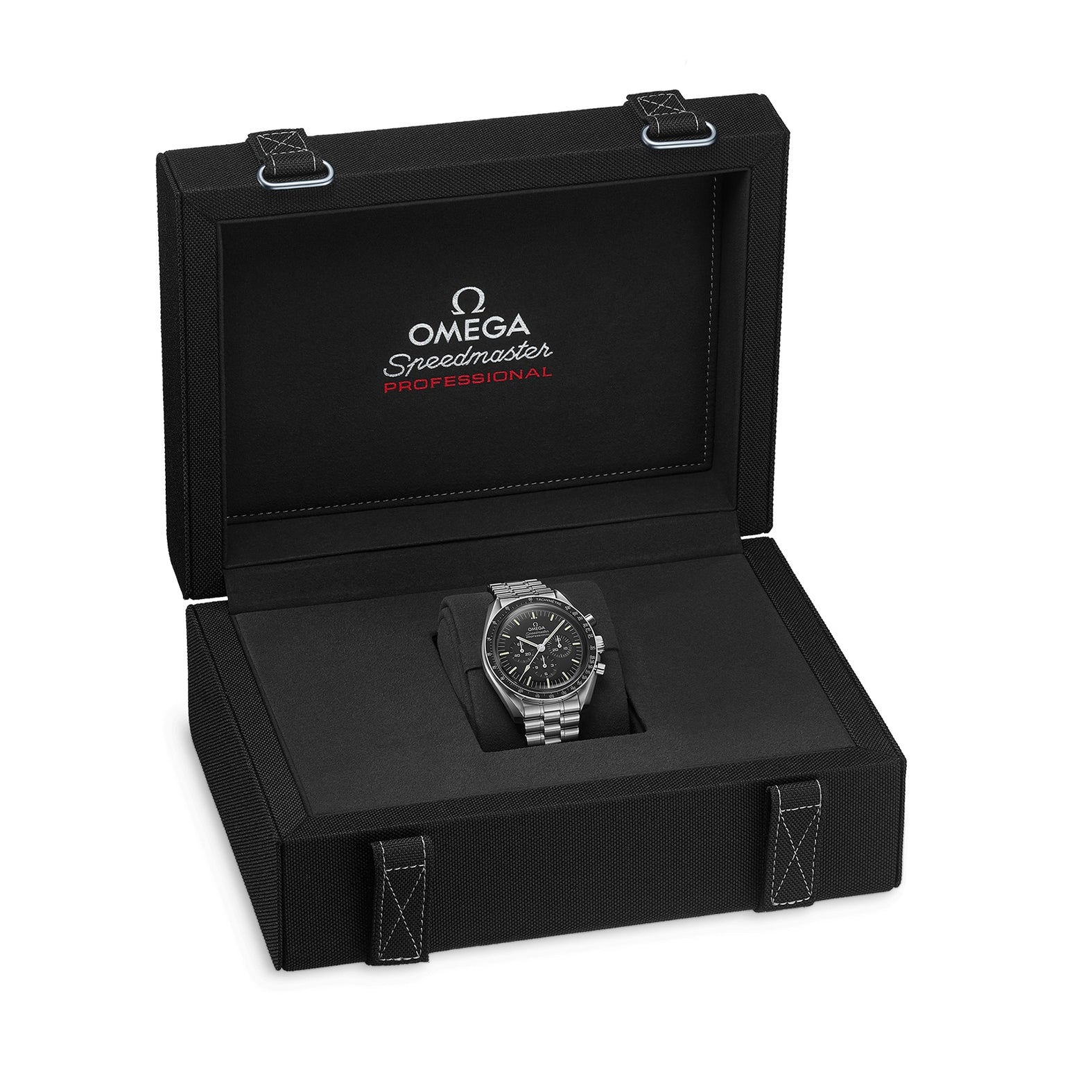 An OMEGA Speedmaster Moonwatch Professional, inspired by the 4th generation model, is displayed in an open black presentation box featuring the OMEGA logo on the inside lid.
