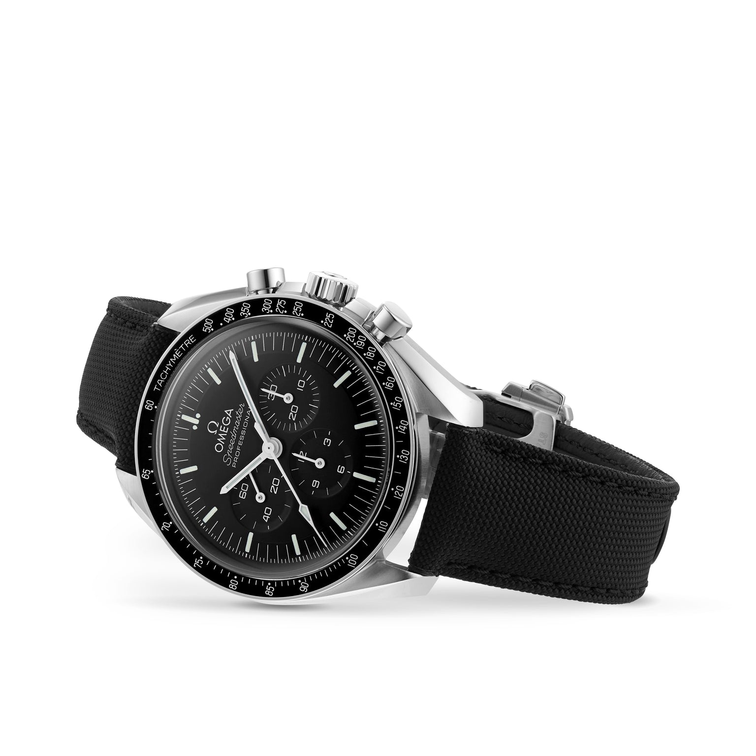 An OMEGA Speedmaster Moonwatch Professional wristwatch with a chronograph dial, black fabric strap, and 3861 calibre movement is shown on a white background.