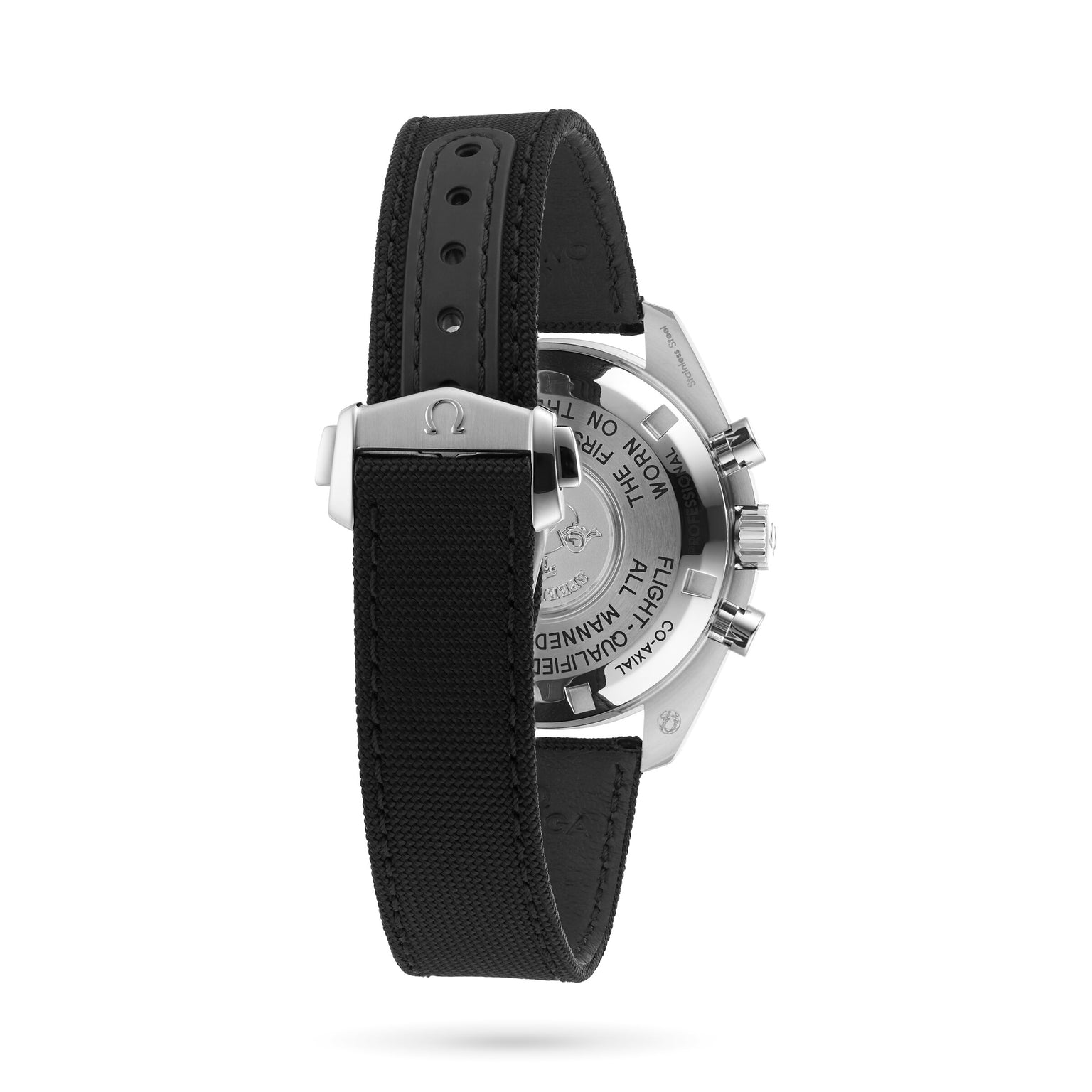 The back view of the OMEGA Speedmaster Moonwatch Professional shows its engraved stainless steel case, black fabric strap, and the 3861 calibre movement.