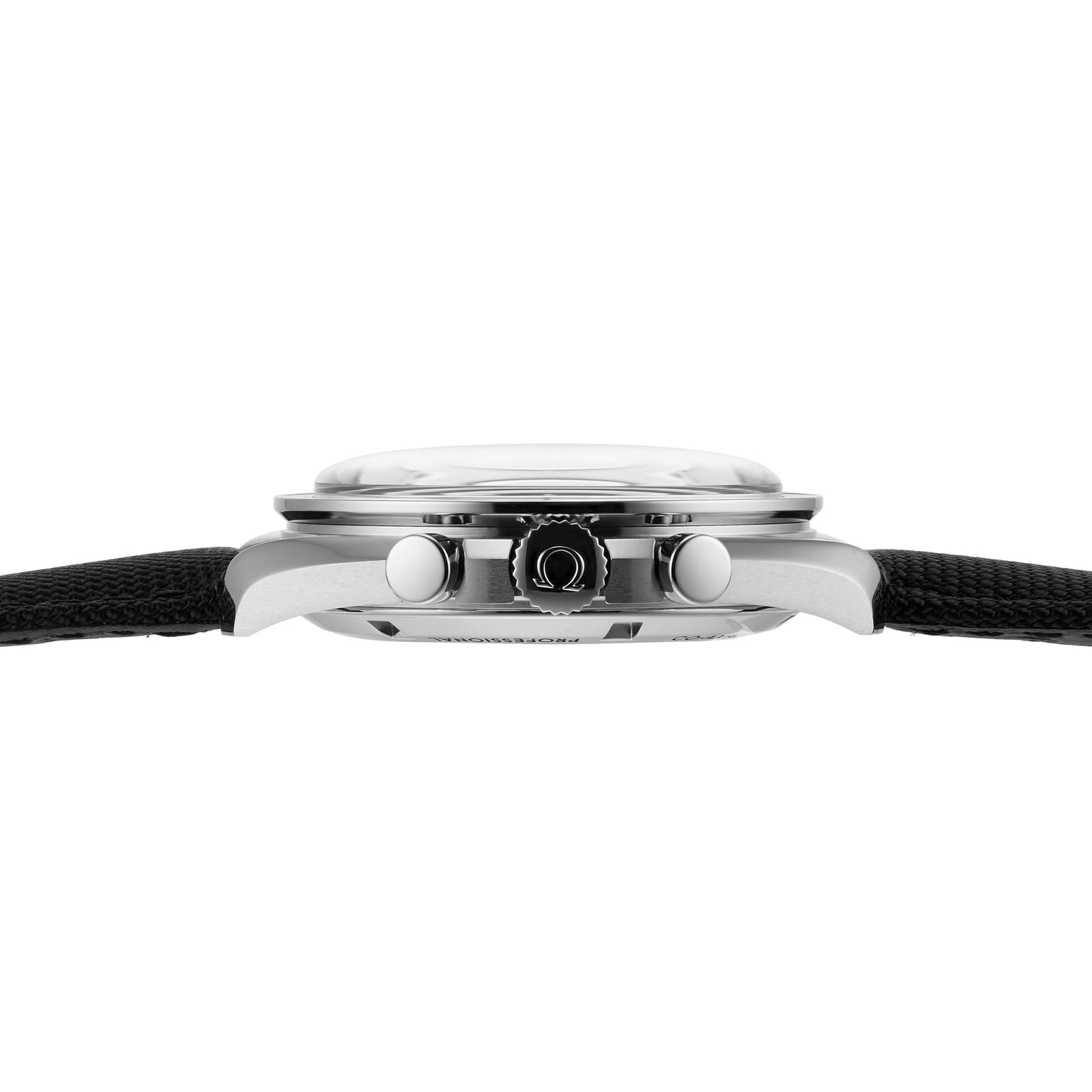 Side view of the OMEGA Speedmaster Moonwatch Professional, showing its silver case, two pushers, crown with the OMEGA logo, and black textured strap—powered by the legendary 3861 calibre movement.
