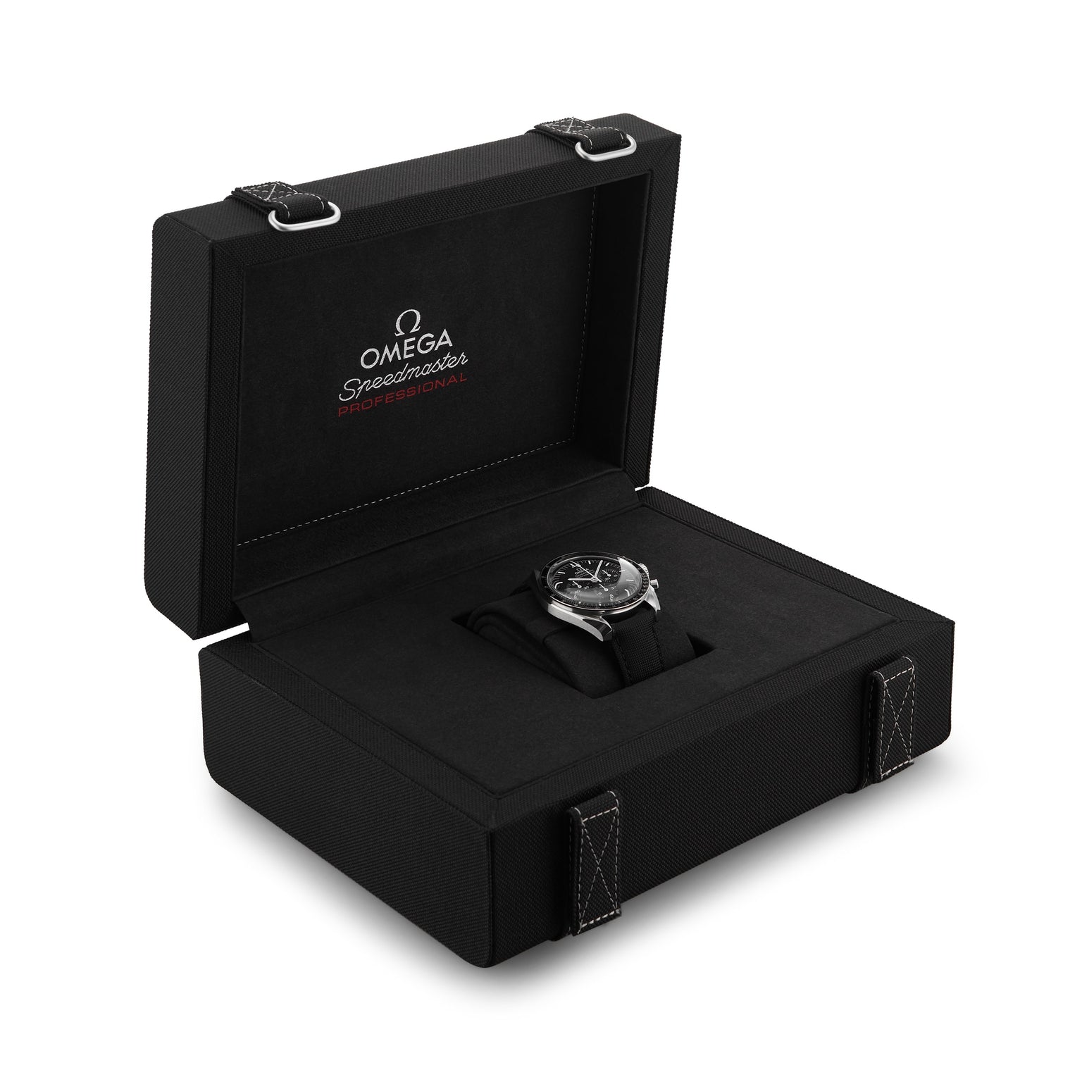 An OMEGA Speedmaster Moonwatch Professional with the 3861 calibre movement is shown in an open black presentation box displaying the OMEGA logo and model name inside the lid.