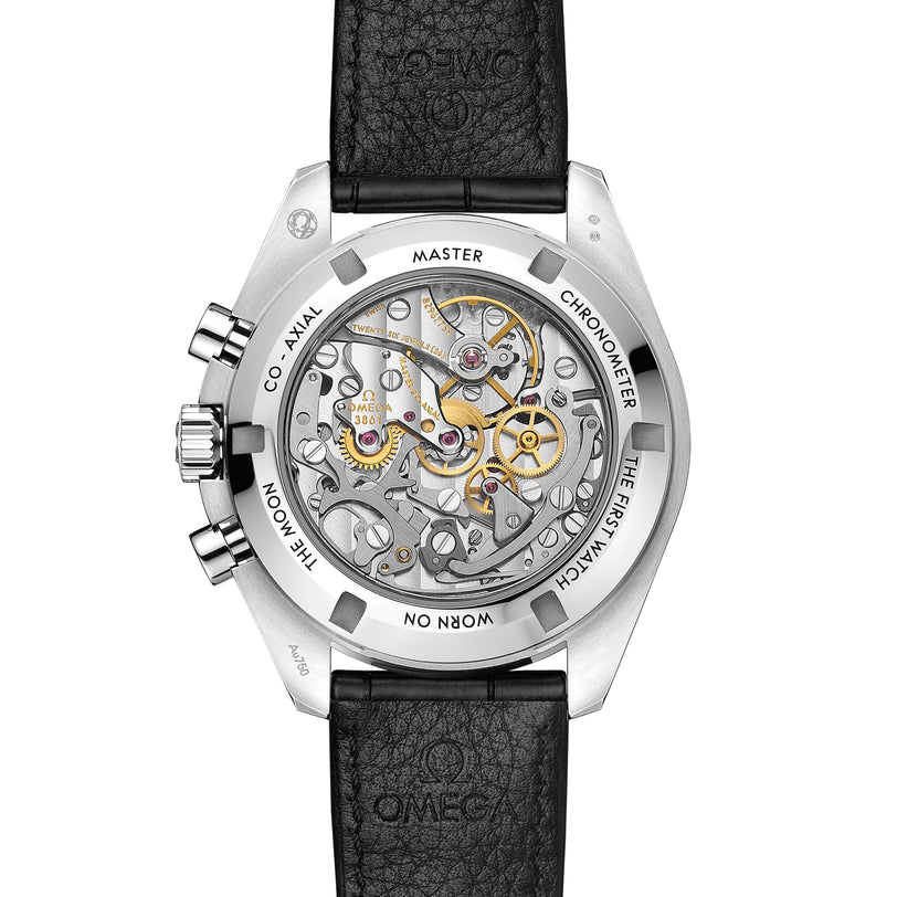 Back view of the OMEGA Speedmaster Moonwatch Professional with visible mechanical movement through a transparent caseback, black leather strap, and engraved text on the metal case.