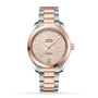 OMEGA Seamaster Aqua Terra 150M wristwatch with a two-tone metal band, rose gold bezel, wave-patterned dial, teardrop hour markers, and date window at 6 o’clock is displayed on a white background. An exquisite Master Chronometer timepiece.