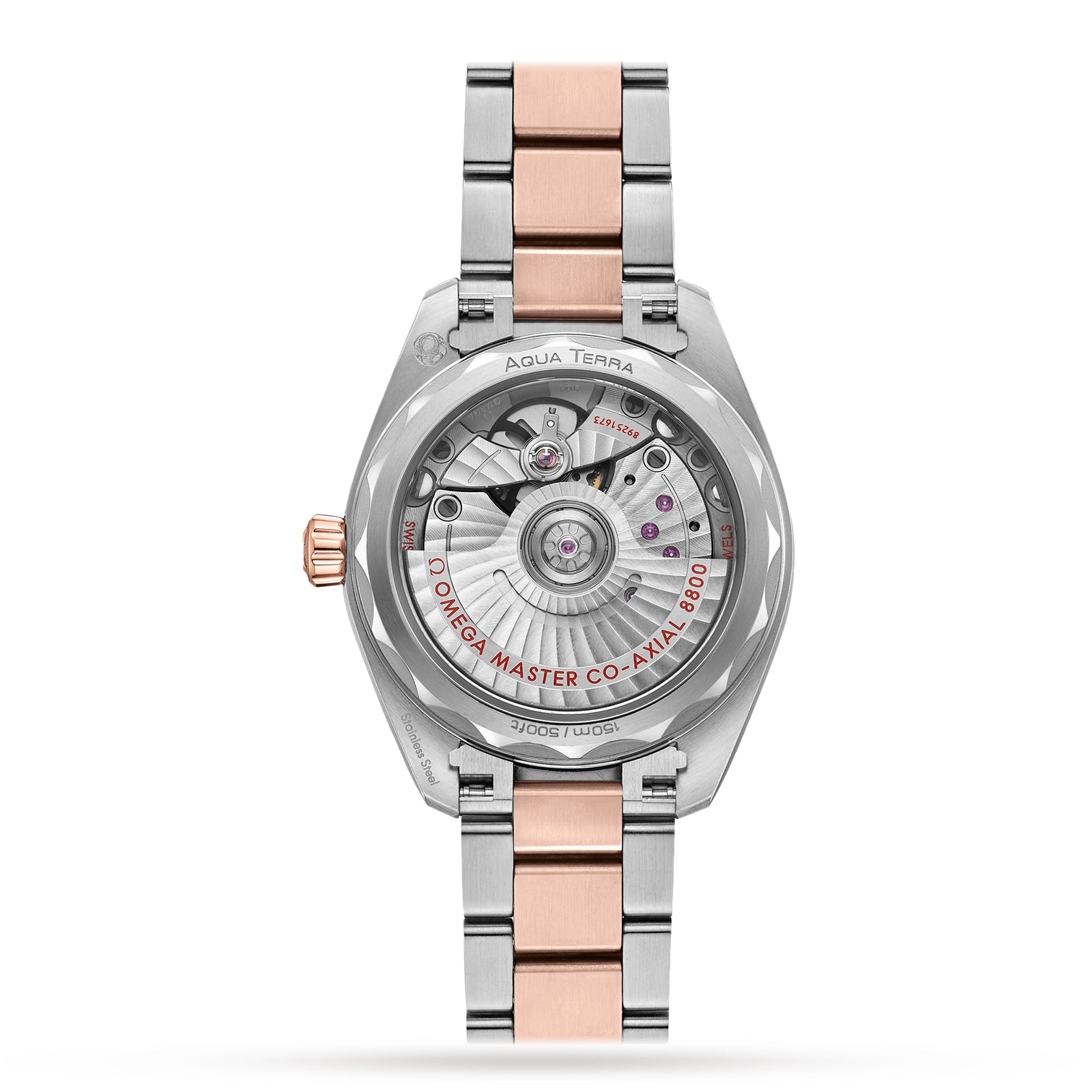 The back view of the OMEGA Seamaster Aqua Terra 150M shows its automatic movement through a transparent case back.