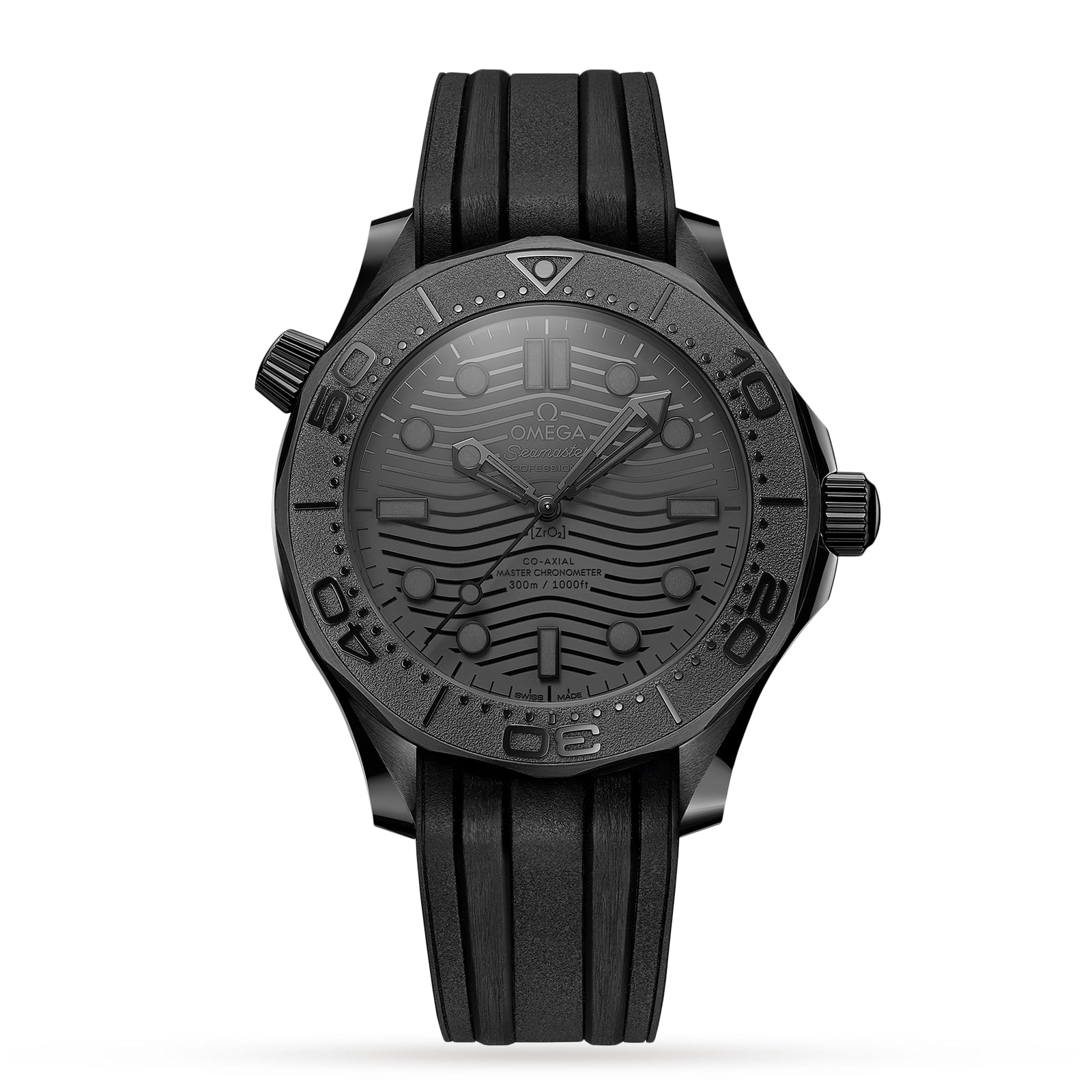 The OMEGA Seamaster Diver 300M Black Black Edition features a textured black dial with wavy pattern, a black rubber strap, and is powered by the OMEGA Calibre 8800, shown against a white background.