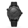 The OMEGA Seamaster Diver 300M Black Black Edition features a textured black dial with wavy pattern, a black rubber strap, and is powered by the OMEGA Calibre 8800, shown against a white background.