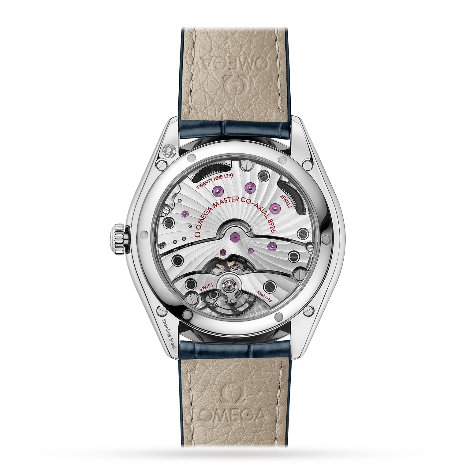 The back of the OMEGA De Ville Trésor showcases its exposed Master Chronometer movement through a transparent caseback, paired with a beige leather strap featuring the OMEGA logo.