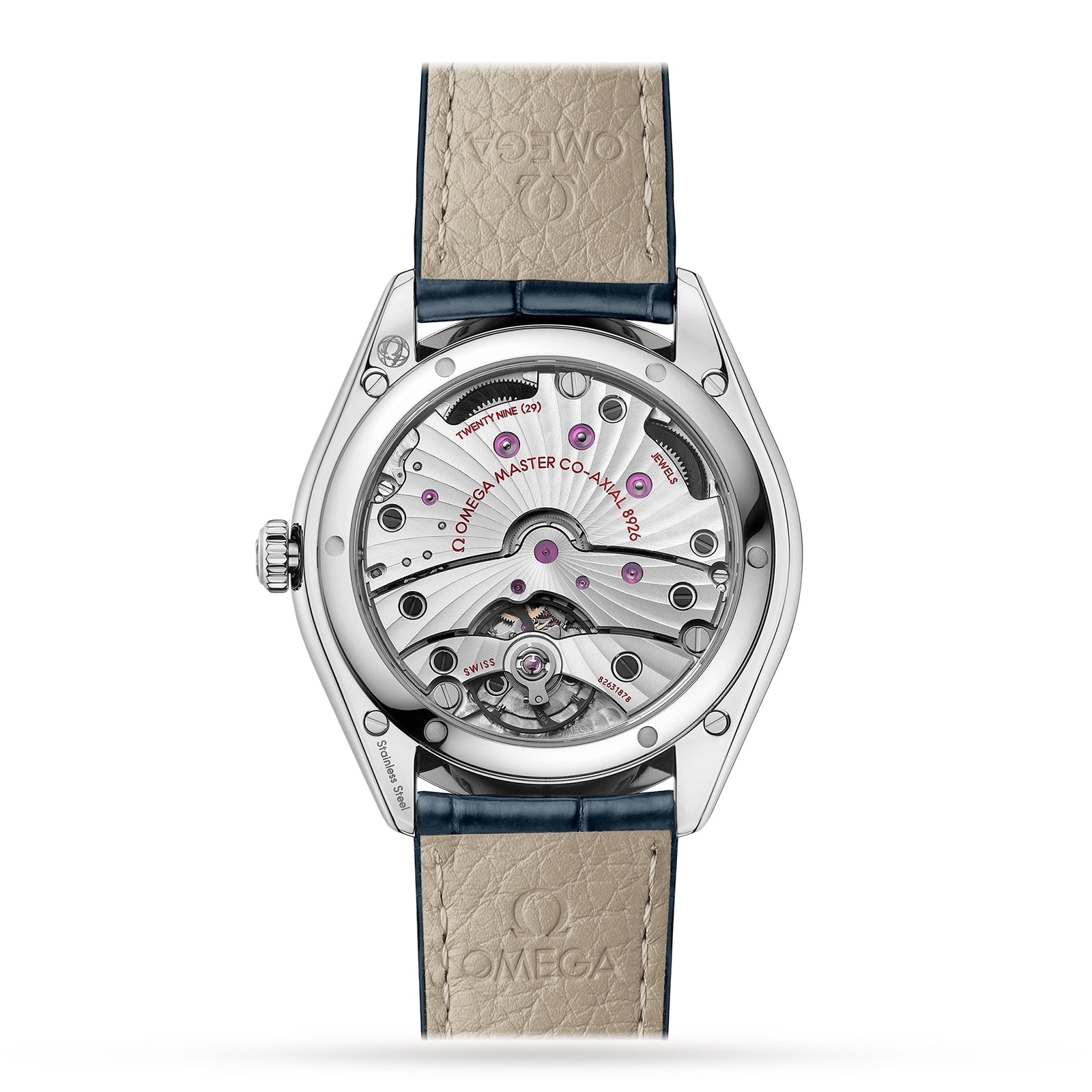 The back of the OMEGA De Ville Trésor showcases its exposed Master Chronometer movement through a transparent caseback, paired with a beige leather strap featuring the OMEGA logo.