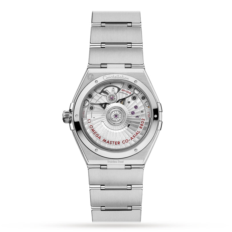 Back view of the OMEGA Constellation wristwatch featuring an exposed Co-Axial Master Chronometer movement visible through its transparent case back.