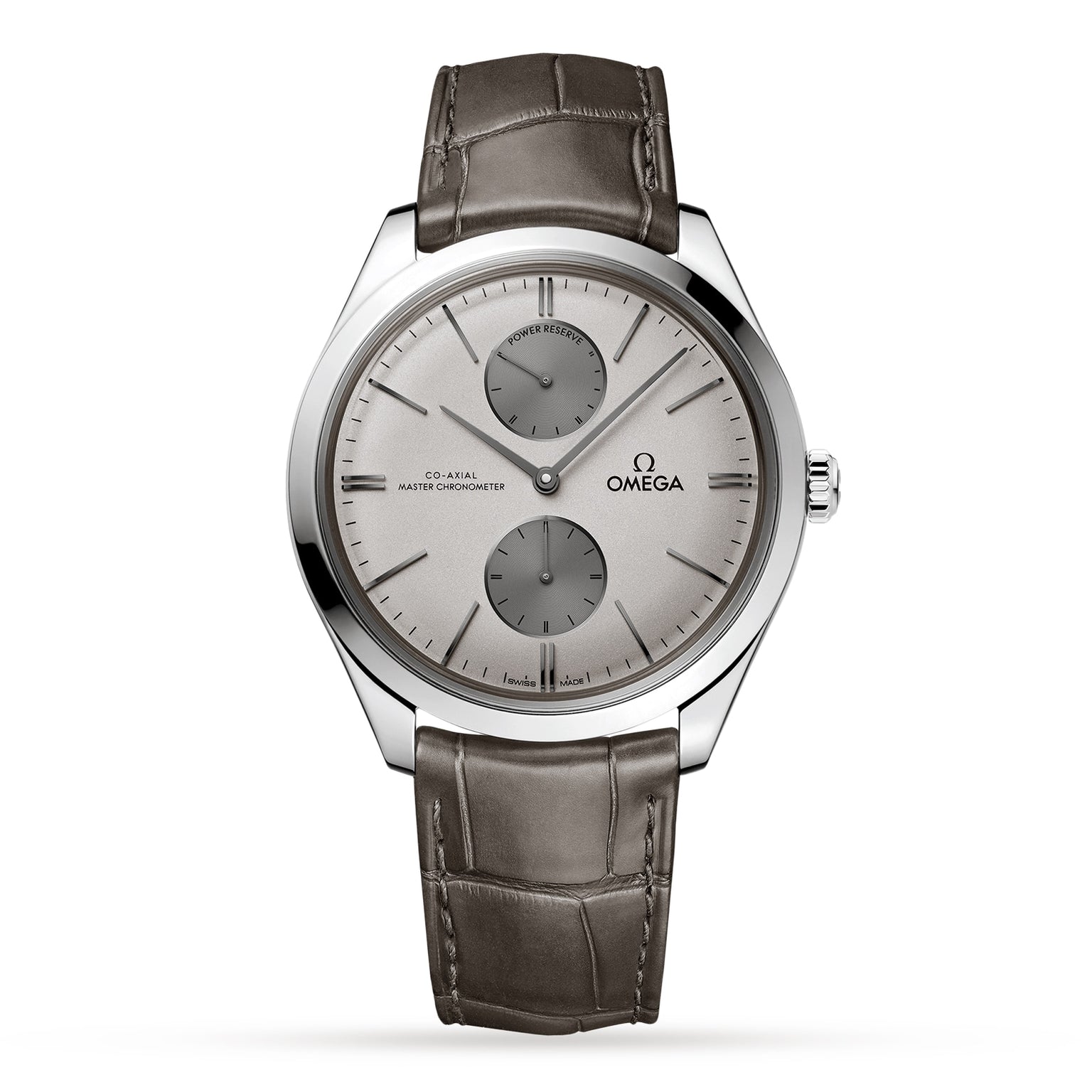 The OMEGA De Ville Trésor is a stainless steel wristwatch with a gray alligator leather strap, two subdials, and minimalist hour markers.