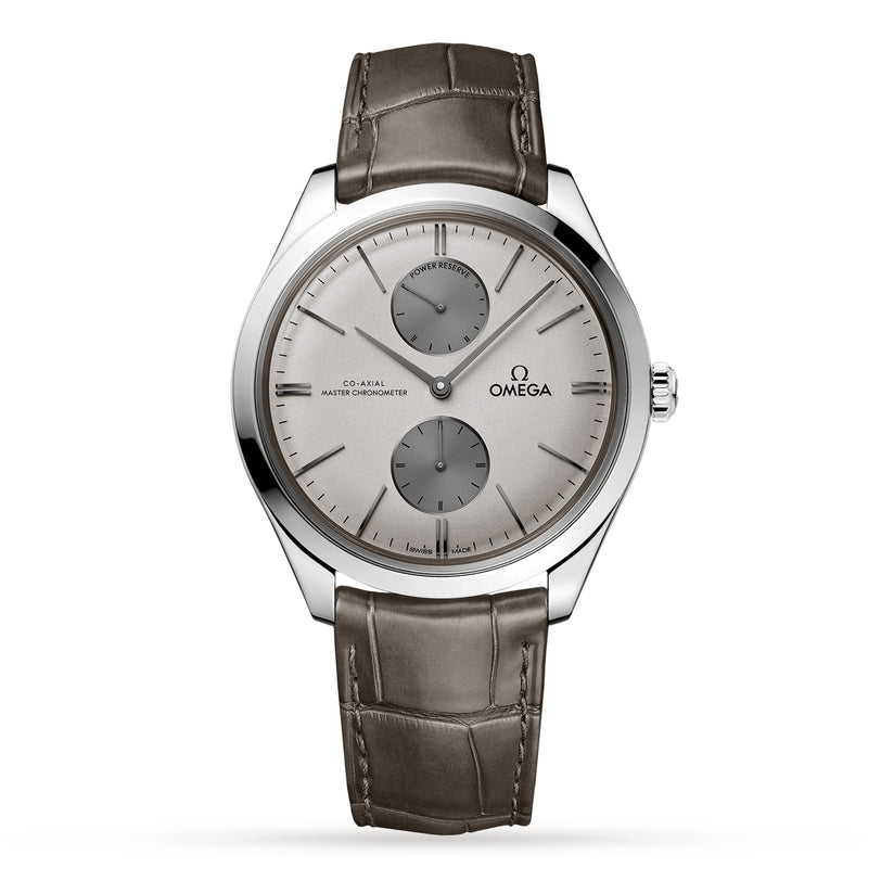 The OMEGA De Ville Trésor is a stainless steel wristwatch with a gray alligator leather strap, two subdials, and minimalist hour markers.