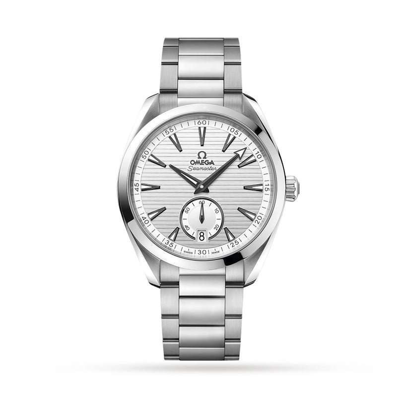 The OMEGA Seamaster Aqua Terra 150M features a stainless steel case, silver dial, date at 6 o’clock, and three-link bracelet, reflecting maritime heritage with 150m water resistance, shown on a white background.