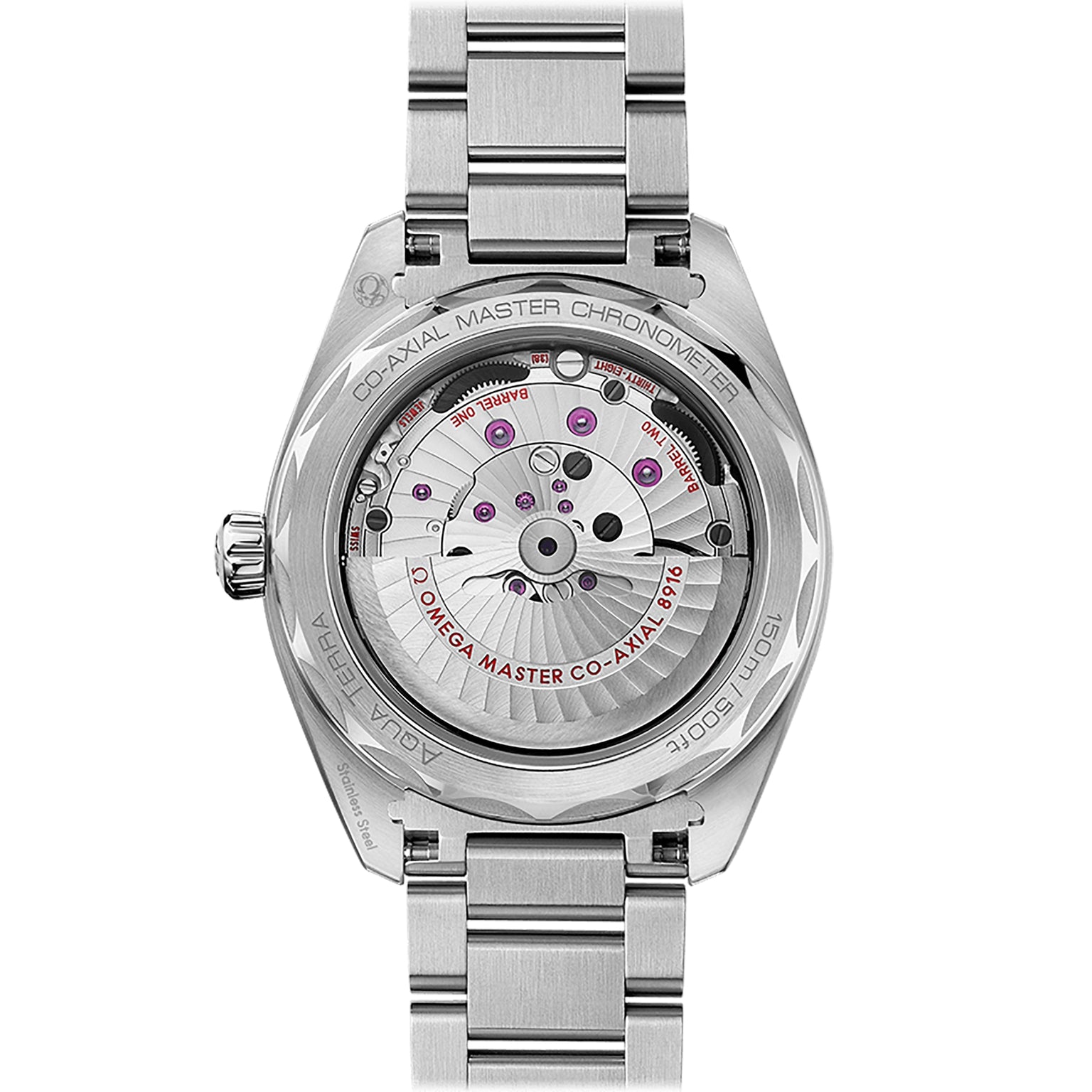 Back view of the OMEGA Seamaster Aqua Terra 150M in stainless steel, featuring an exposed mechanical movement and engraved details inspired by OMEGA’s maritime heritage.