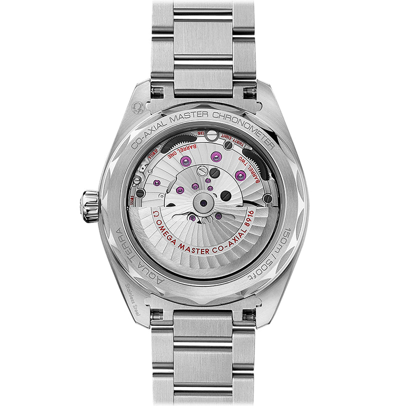 Back view of the OMEGA Seamaster Aqua Terra 150M in stainless steel, featuring an exposed mechanical movement and engraved details inspired by OMEGA’s maritime heritage.