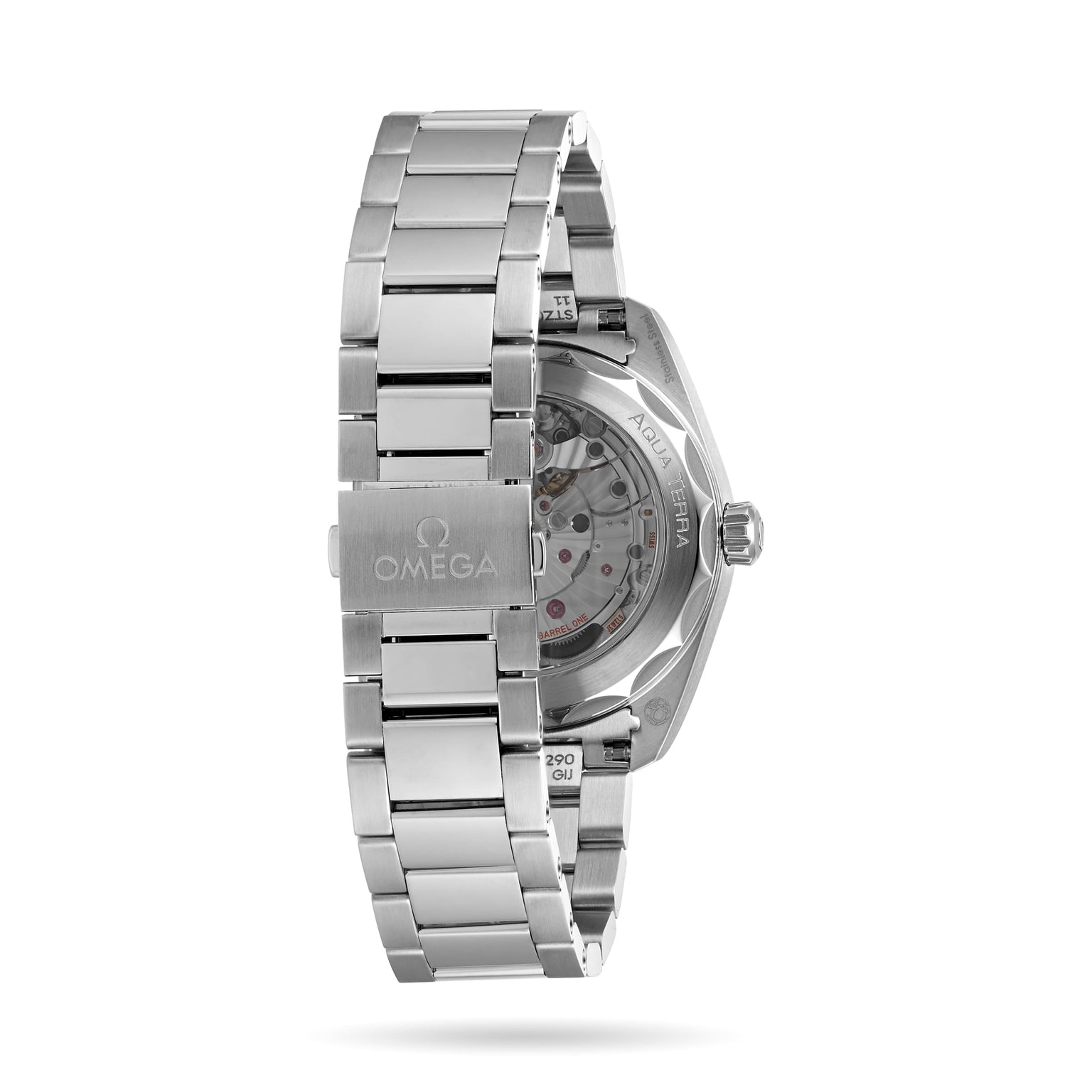 An OMEGA Seamaster Aqua Terra 150M wristwatch shown from the back, displaying its stainless steel bracelet and visible Master Chronometer movement through the caseback—a tribute to OMEGA’s maritime legacy.