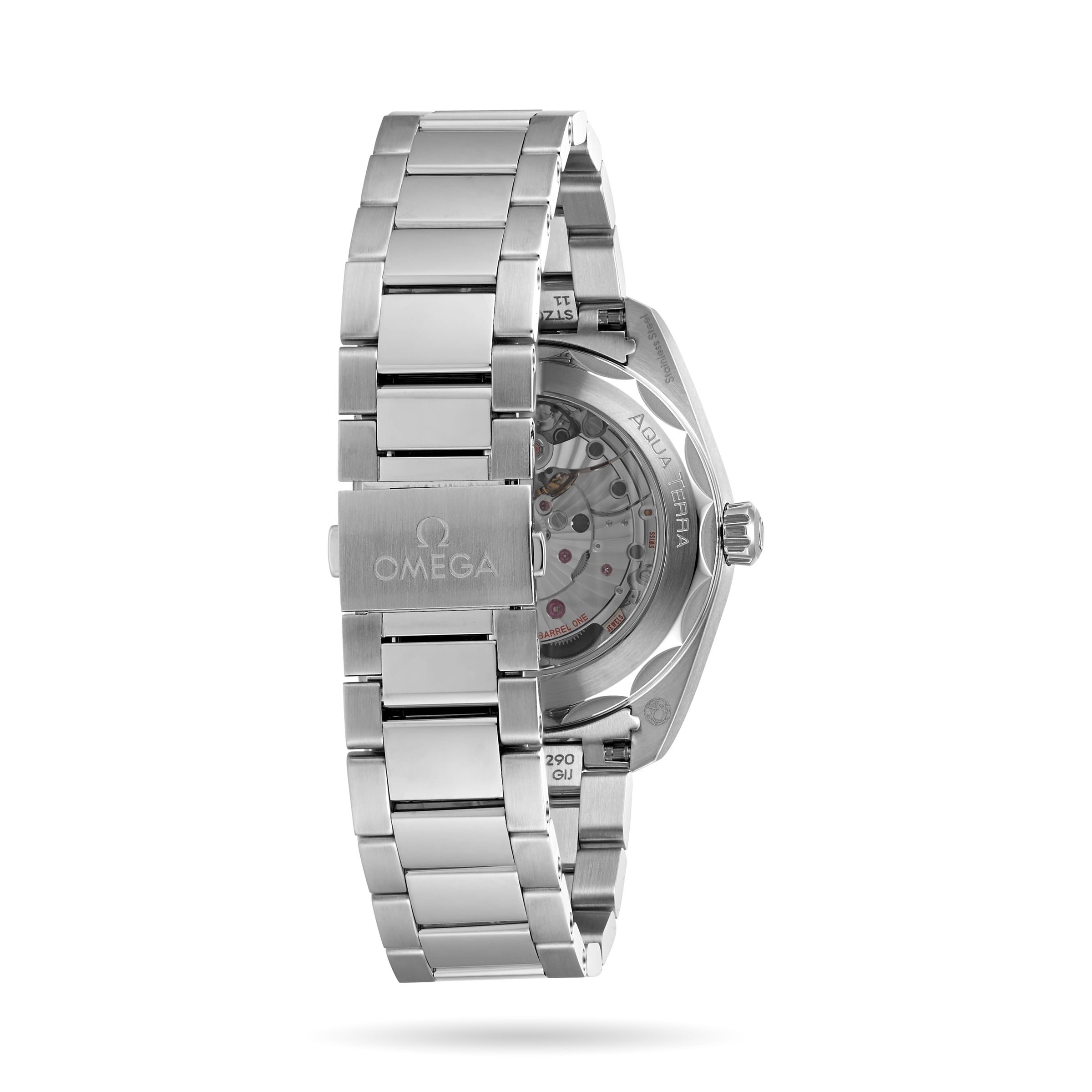 An OMEGA Seamaster Aqua Terra 150M wristwatch shown from the back, displaying its stainless steel bracelet and visible Master Chronometer movement through the caseback—a tribute to OMEGA’s maritime legacy.