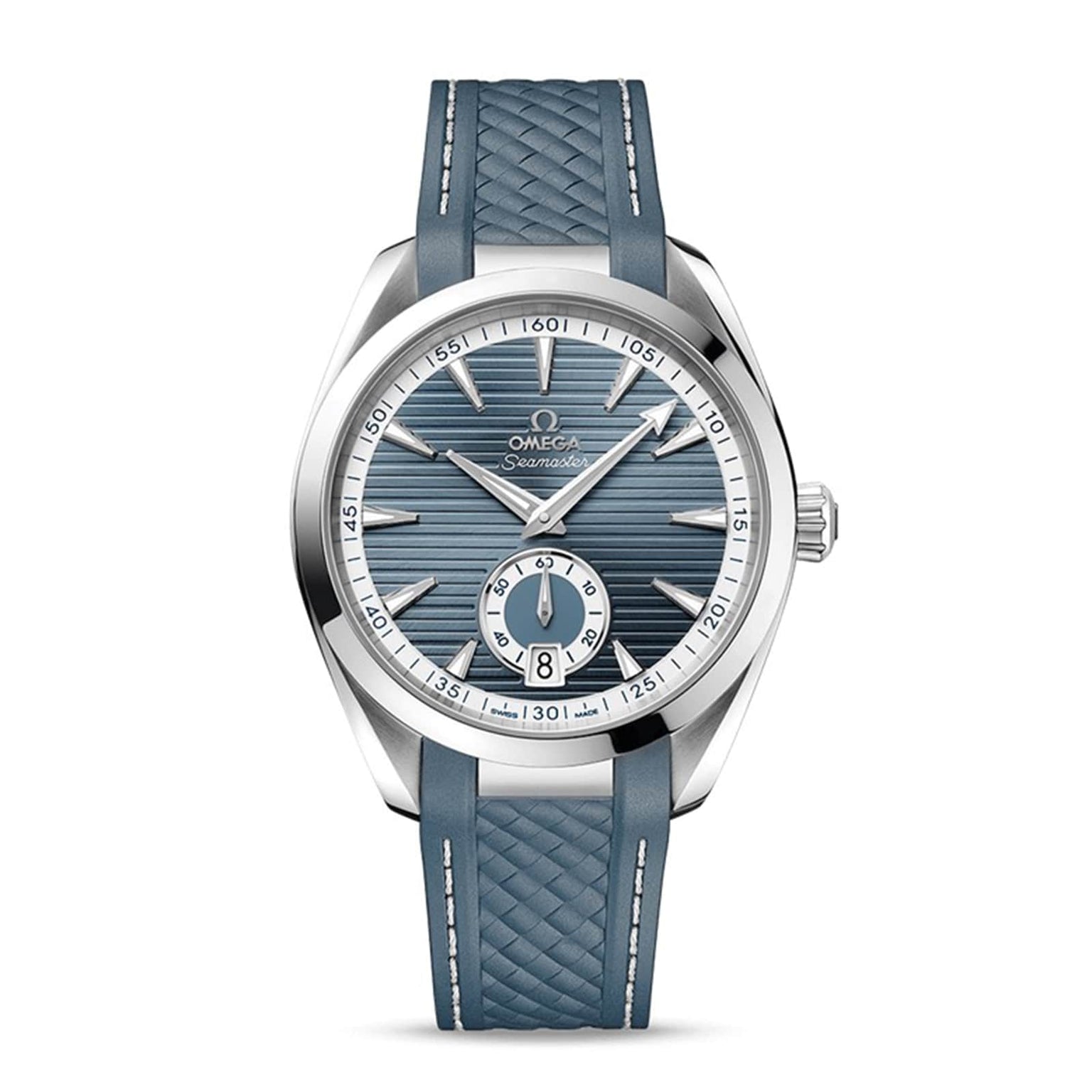 The OMEGA Seamaster Aqua Terra 150M features a blue striped dial, silver bezel, silver hour markers and hands, and a textured blue rubber strap—reflecting OMEGA’s maritime heritage.