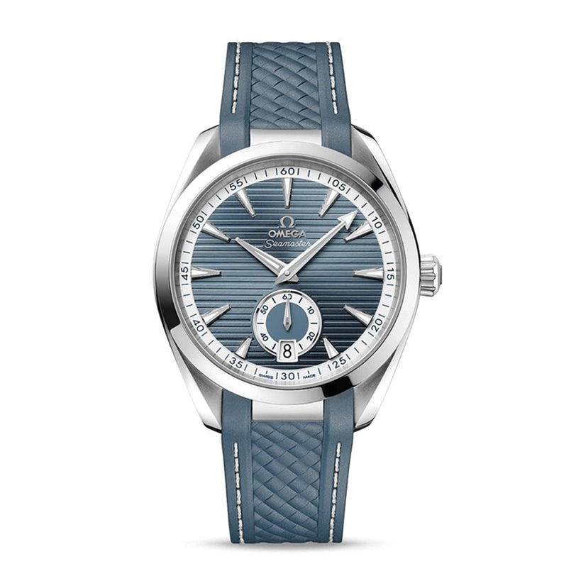 The OMEGA Seamaster Aqua Terra 150M features a blue striped dial, silver bezel, silver hour markers and hands, and a textured blue rubber strap—reflecting OMEGA’s maritime heritage.