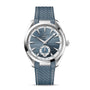 The OMEGA Seamaster Aqua Terra 150M features a blue striped dial, silver bezel, silver hour markers and hands, and a textured blue rubber strap—reflecting OMEGA’s maritime heritage.