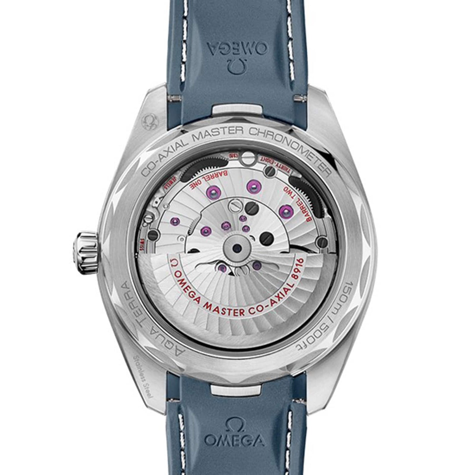 Back view of the OMEGA Seamaster Aqua Terra 150M with a transparent case back revealing its automatic movement and rotor, Master Chronometer engravings, and a blue leather strap—highlighting OMEGA’s maritime legacy.