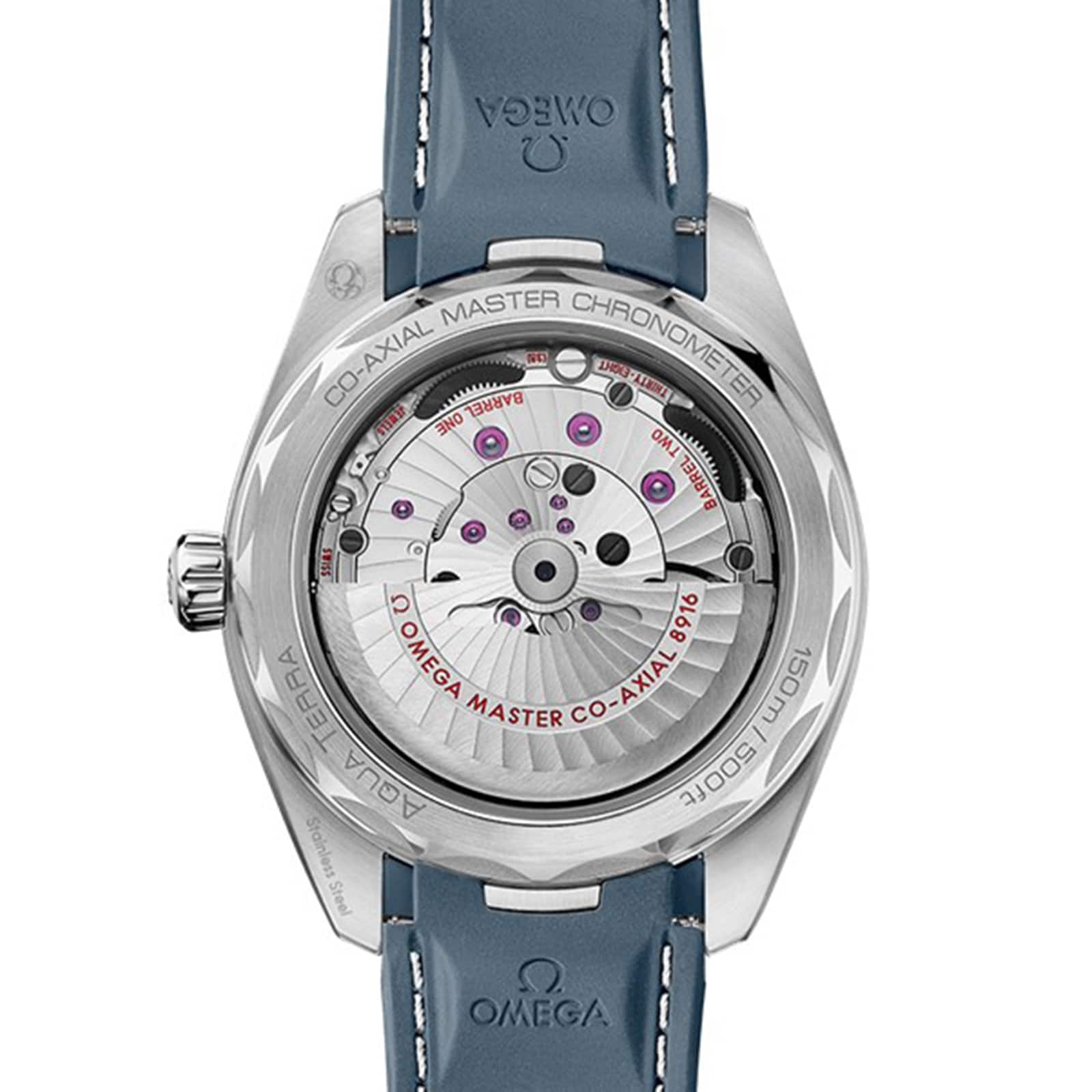 Back view of the OMEGA Seamaster Aqua Terra 150M with a transparent case back revealing its automatic movement and rotor, Master Chronometer engravings, and a blue leather strap—highlighting OMEGA’s maritime legacy.