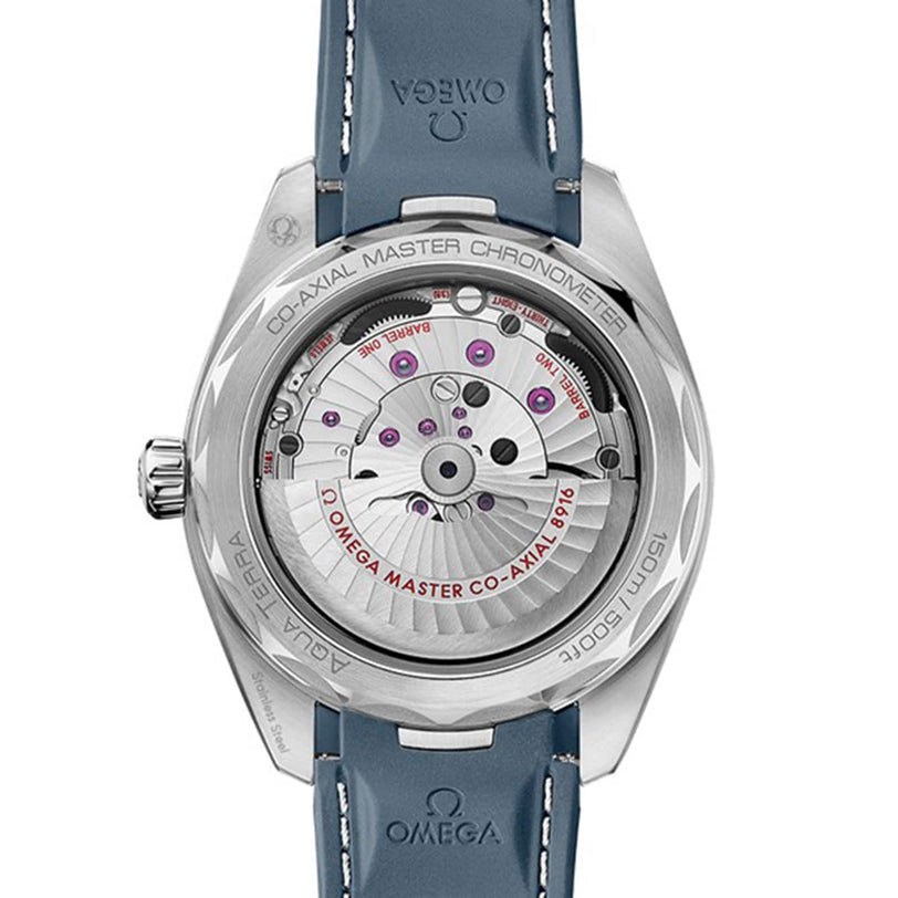 Back view of the OMEGA Seamaster Aqua Terra 150M with a transparent case back revealing its automatic movement and rotor, Master Chronometer engravings, and a blue leather strap—highlighting OMEGA’s maritime legacy.
