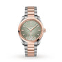 The OMEGA Seamaster Aqua Terra 150M features a green dial, rose gold bezel and accents, a silver and rose gold bracelet, date at 6 o’clock, and is powered by the master chronometer certified Calibre 8802 movement.