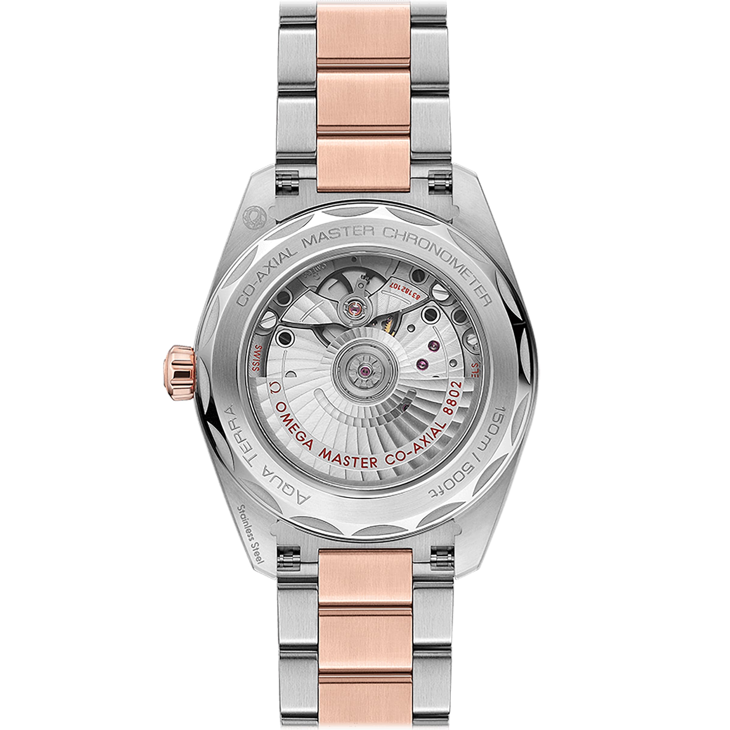 The OMEGA Seamaster Aqua Terra 150M showcases its master chronometer certified 8802 calibre through the caseback, paired with a striking two-tone silver and rose gold metal bracelet.