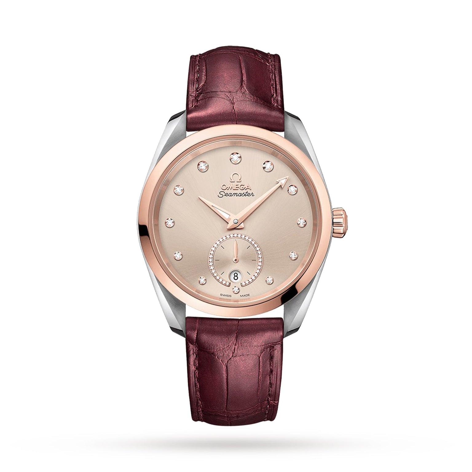 The OMEGA Seamaster Aqua Terra 150M is a luxury watch with a brown leather strap and a rose gold dial adorned with diamond hour markers.