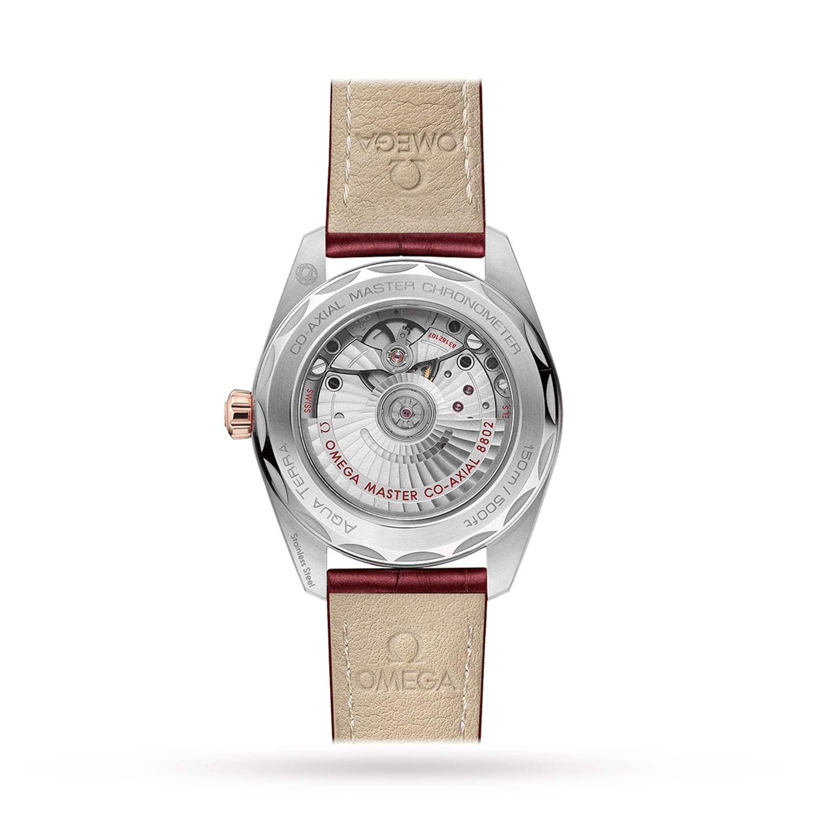 Back view of the OMEGA Seamaster Aqua Terra 150M with a beige strap, featuring an exposed mechanical movement and engraved details.